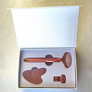 Facial Massage kit, 3 piece Rose Gold electronic roller and Rose quartz Gua Sha